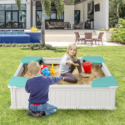 Kids Outdoor Sandbox with Oxford Cover and 4 Corner Seats-White