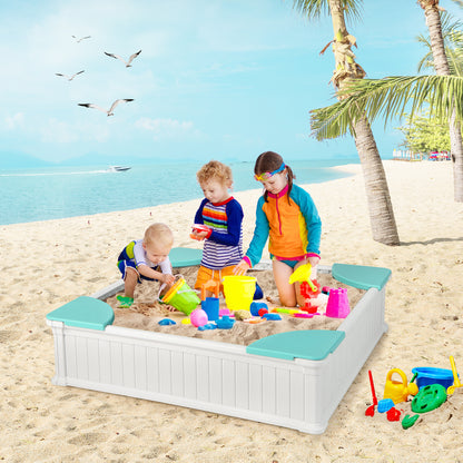 Kids Outdoor Sandbox with Oxford Cover and 4 Corner Seats-White