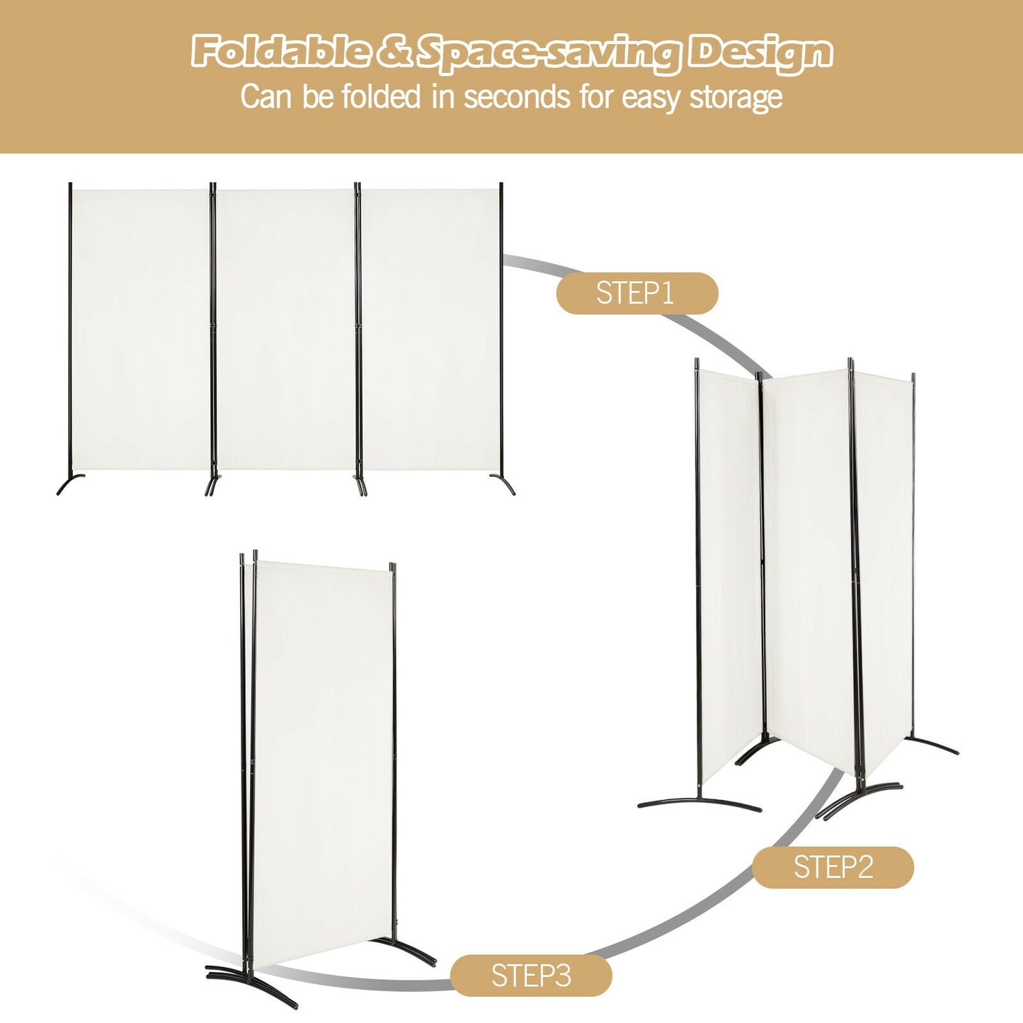 3-Panel Room Divider Folding Privacy Partition Screen for Office Room-White