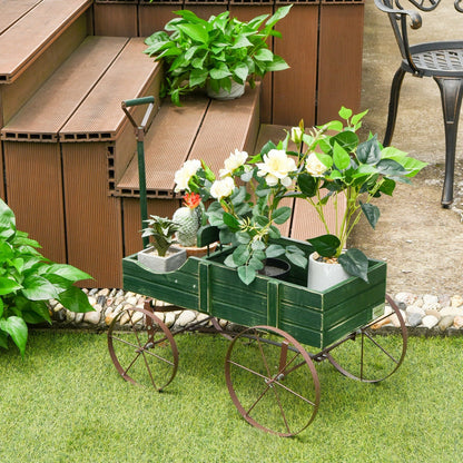 Wooden Wagon Plant Bed with Metal Wheels for Garden Yard Patio-Blue