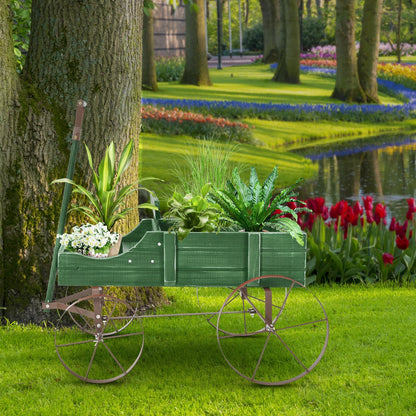 Wooden Wagon Plant Bed with Metal Wheels for Garden Yard Patio-Blue