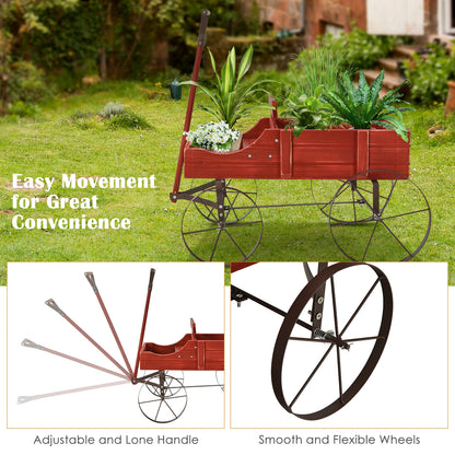 Wooden Wagon Plant Bed With Wheel for Garden Yard-Red