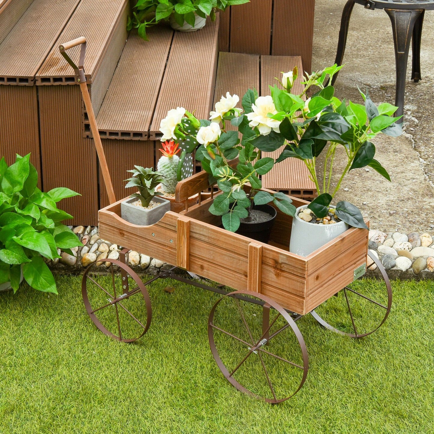 Wooden Wagon Plant Bed with Metal Wheels for Garden Yard Patio-Blue