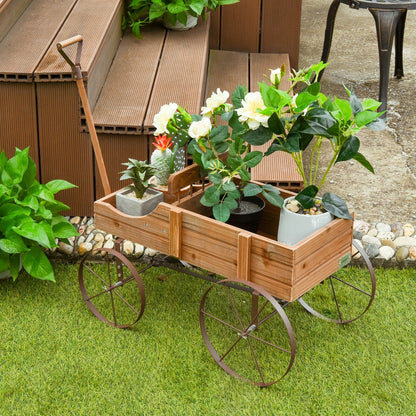 Wooden Wagon Plant Bed with Metal Wheels for Garden Yard Patio-Blue