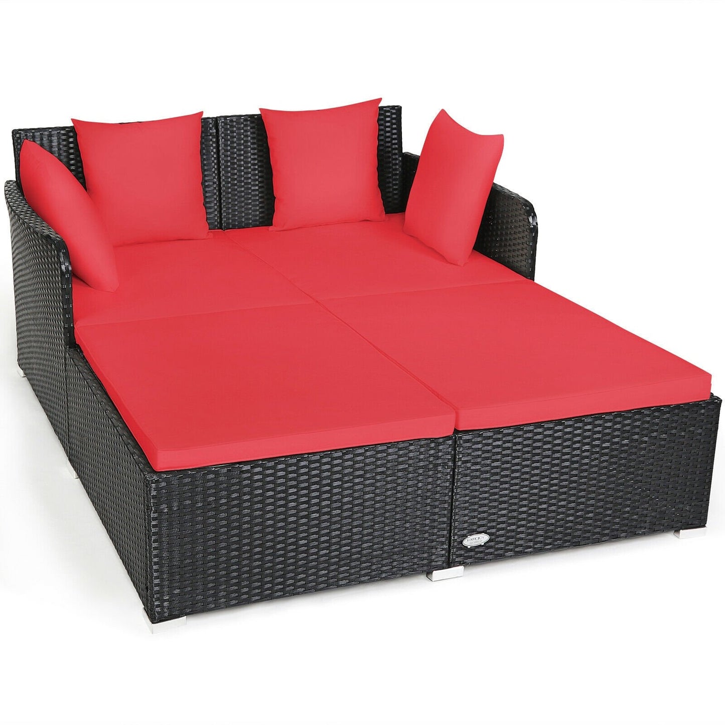 Spacious Outdoor Rattan Daybed with Upholstered Cushions and Pillows-Black