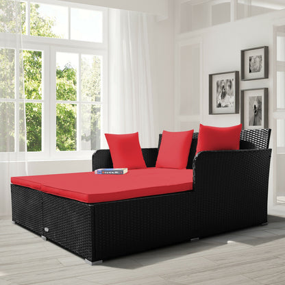 Spacious Outdoor Rattan Daybed with Upholstered Cushions and Pillows-Black