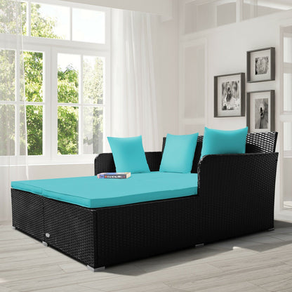 Spacious Outdoor Rattan Daybed with Upholstered Cushions and Pillows-Black
