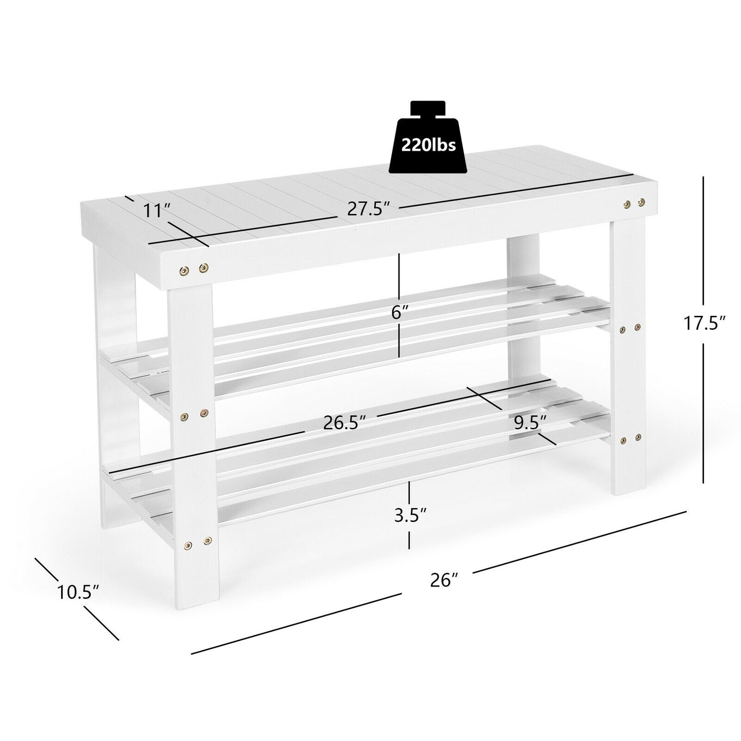 3-Tier Bamboo Shoe Bench Holds up to 6 Pairs for Entry-White