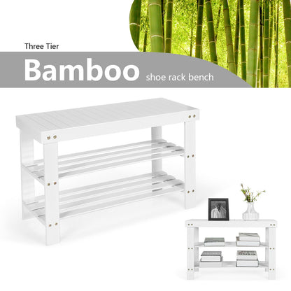 3-Tier Bamboo Shoe Bench Holds up to 6 Pairs for Entry-White