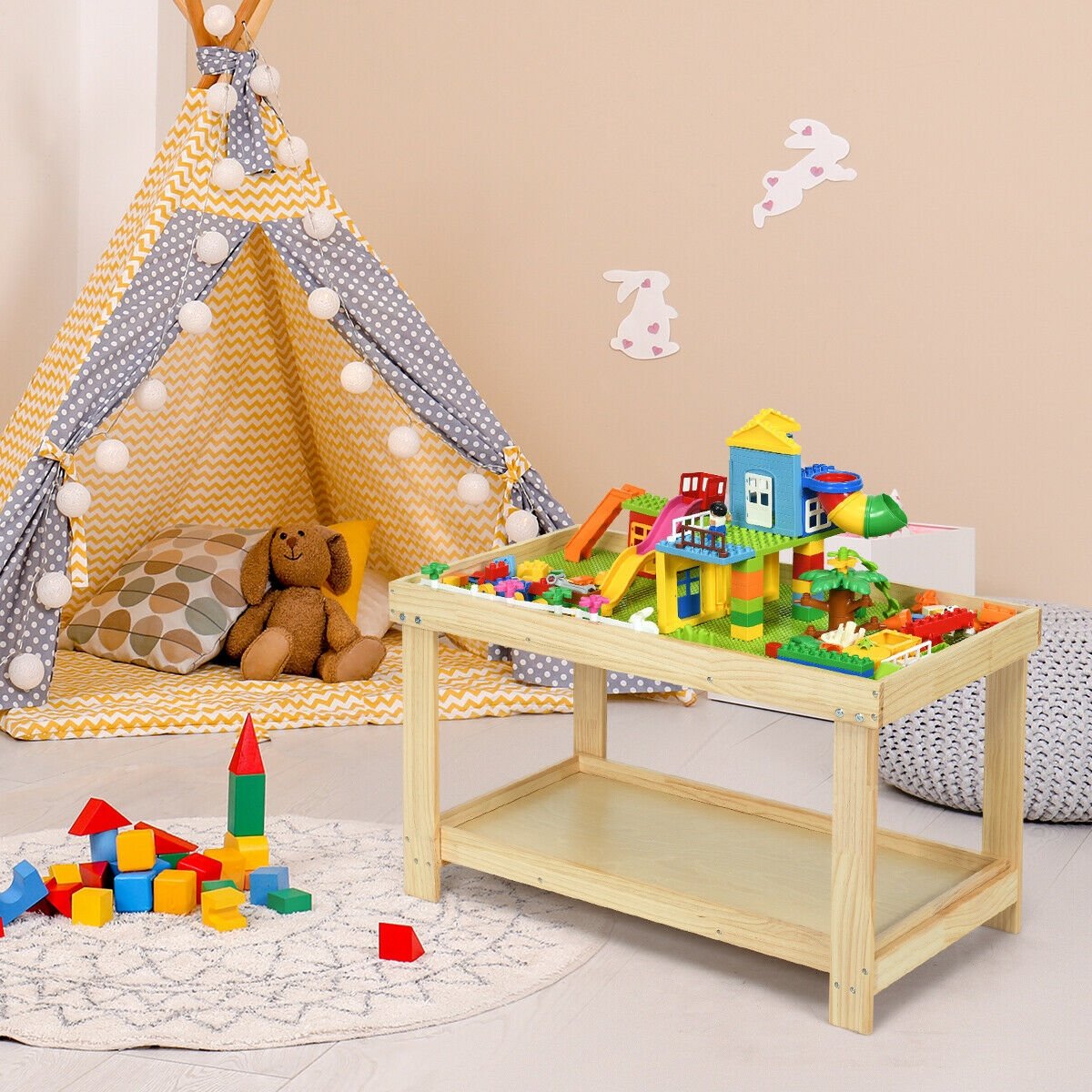 Solid Multifunctional Wood Kids Activity Play Table-Dark Brown