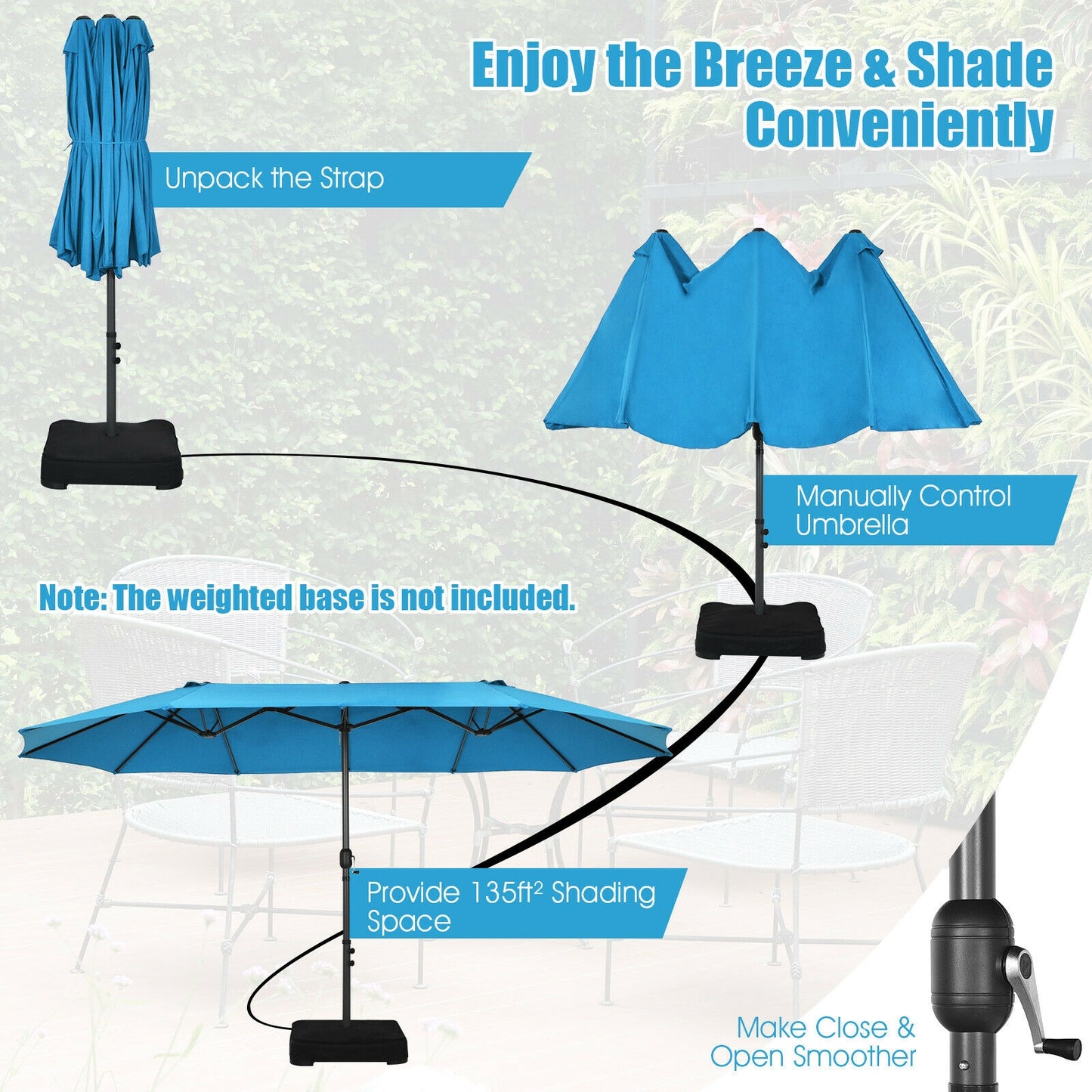 15 Feet Patio Double-Sided Umbrella with Hand-Crank System-Blue
