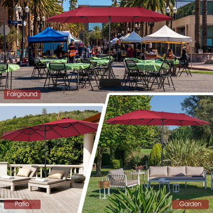 15 Feet Patio Double-Sided Umbrella with Hand-Crank System-Dark Red