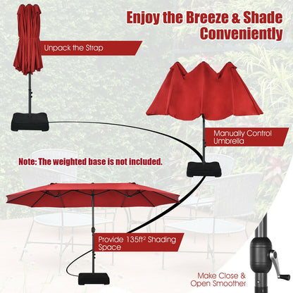15 Feet Patio Double-Sided Umbrella with Hand-Crank System-Dark Red