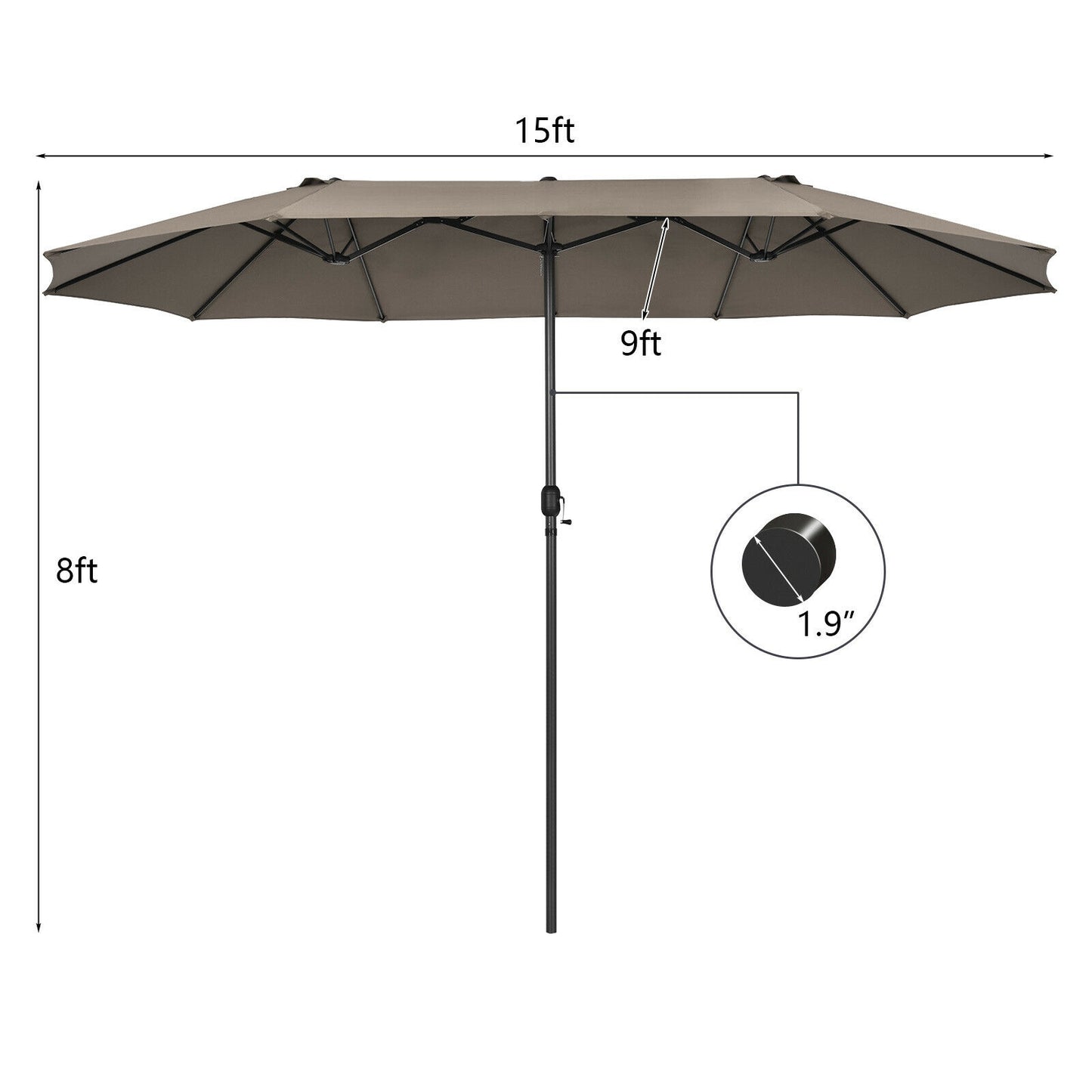 15 Feet Patio Double-Sided Umbrella with Hand-Crank System-Brown