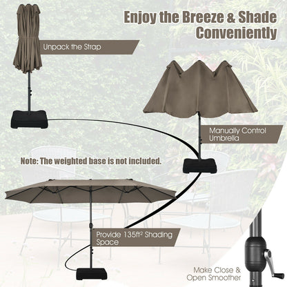 15 Feet Patio Double-Sided Umbrella with Hand-Crank System-Brown