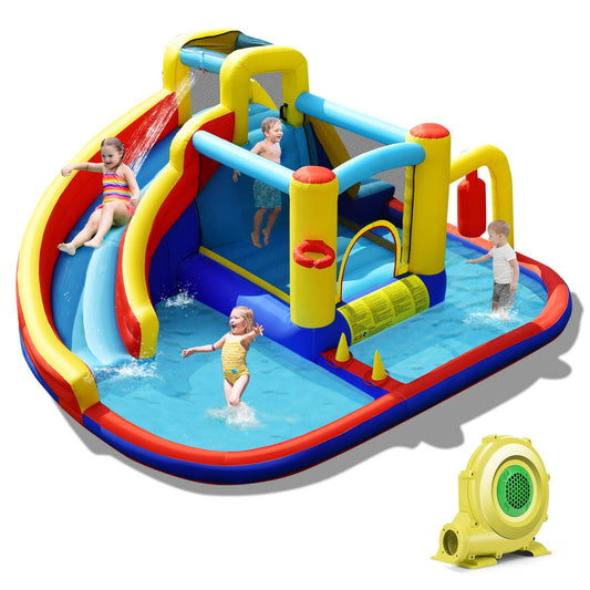 7-in-1 Inflatable Water Slide with 735W Air Blower and Splash Pool