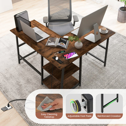L Shaped Corner Computer Desk with Storage Shelves-Brown