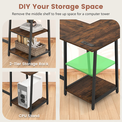 L Shaped Corner Computer Desk with Storage Shelves-Brown