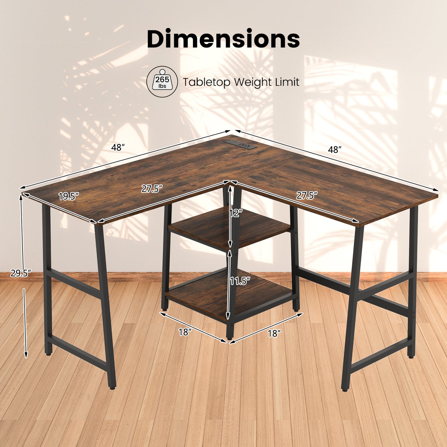 L Shaped Corner Computer Desk with Storage Shelves-Brown