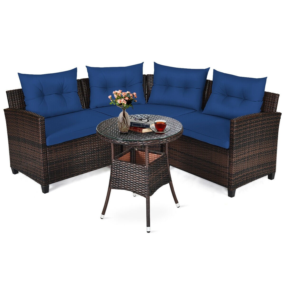 4 Pieces Outdoor Cushioned Rattan Furniture Set-Black