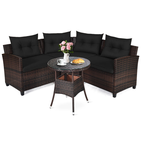4 Pieces Outdoor Cushioned Rattan Furniture Set-Black