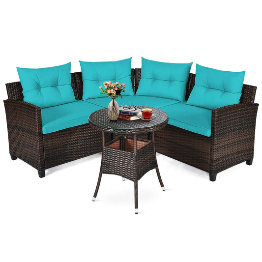 4Pcs Outdoor Cushioned Rattan Furniture Set-Turquoise