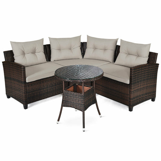 4 Pieces Outdoor Cushioned Rattan Furniture Set-Brown