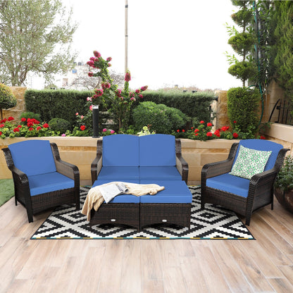 5 Pieces Patio Rattan Sofa Set with Cushion and Ottoman-Black