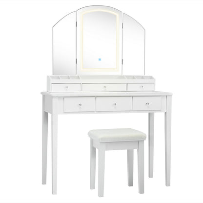 Vanity Table Stool Set with Large Tri-folding Lighted Mirror-Black