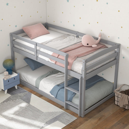 Twin Size Bunk Bed with High Guardrails and Integrated Ladder-Gray