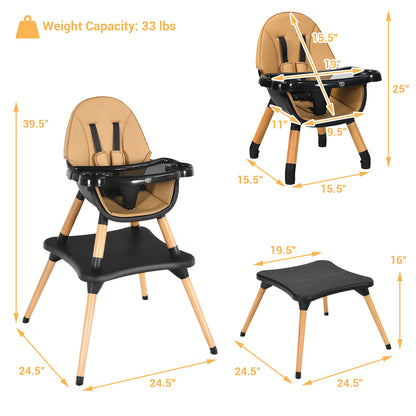5-in-1 Baby Eat and Grow Convertible Wooden High Chair with Detachable Tray-Light Brown
