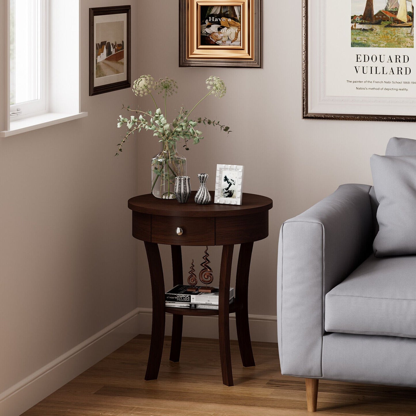 2-Tier Wood Round End Table with Open Drawer-Black