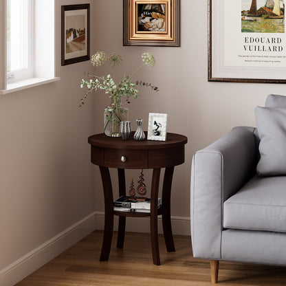 2-Tier Wood Round End Table with Open Drawer-Black
