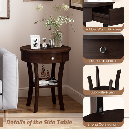 2-Tier Wood Round End Table with Open Drawer-Black