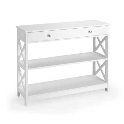 Console Table 3-Tier with Drawer and Storage Shelves-White