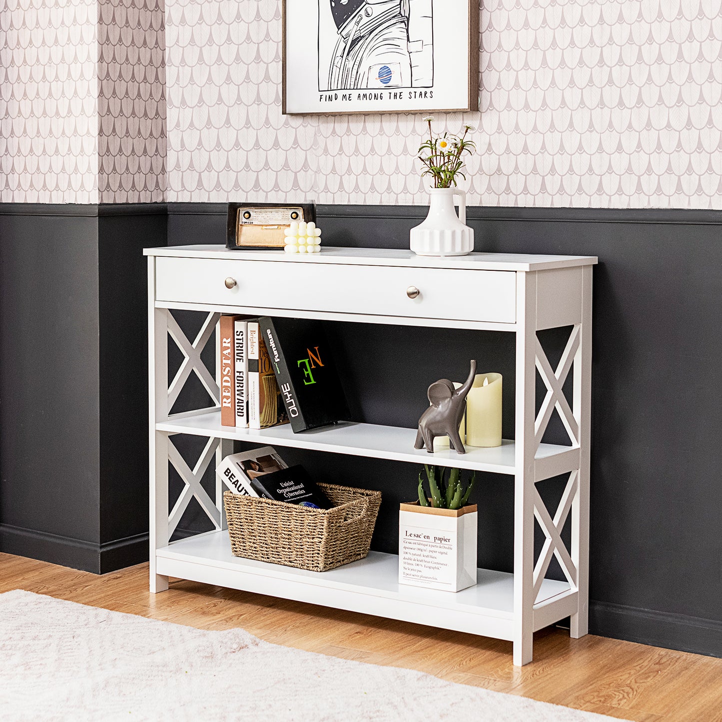 Console Table 3-Tier with Drawer and Storage Shelves-White