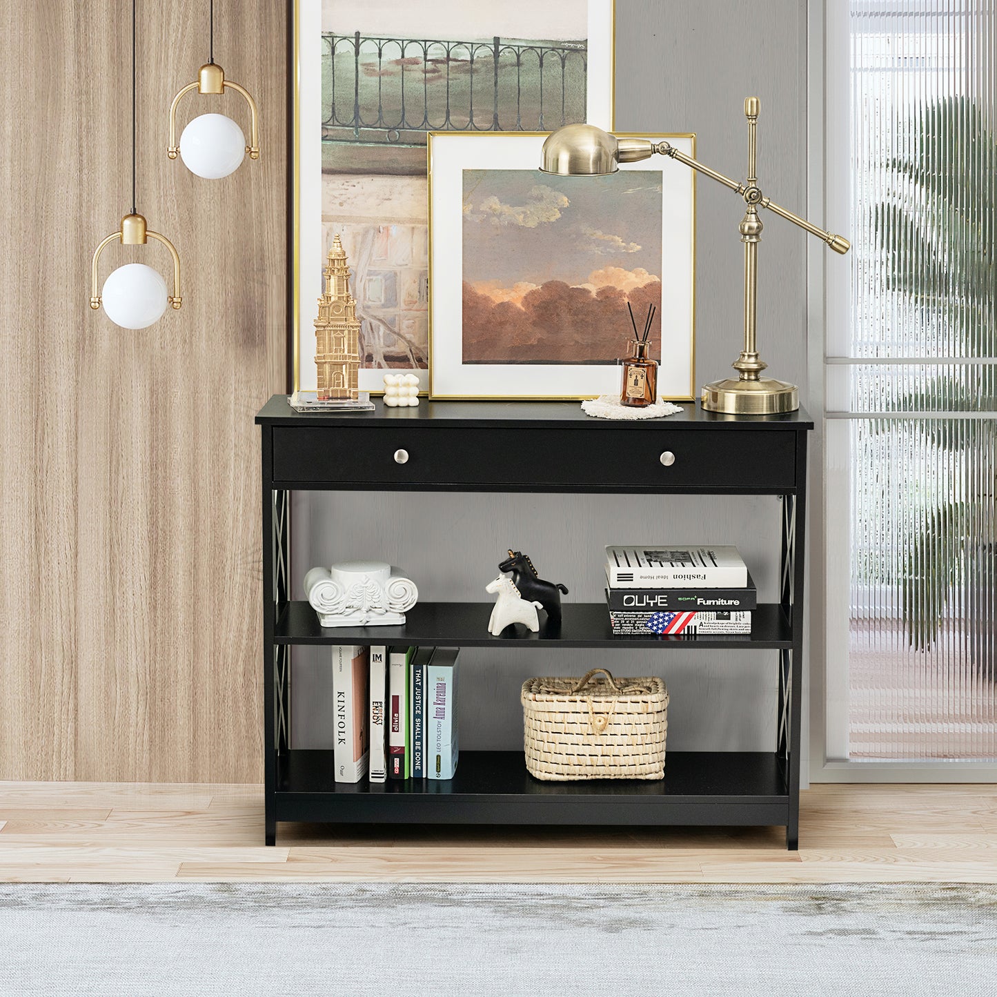 Console Table 3-Tier with Drawer and Storage Shelves-Black