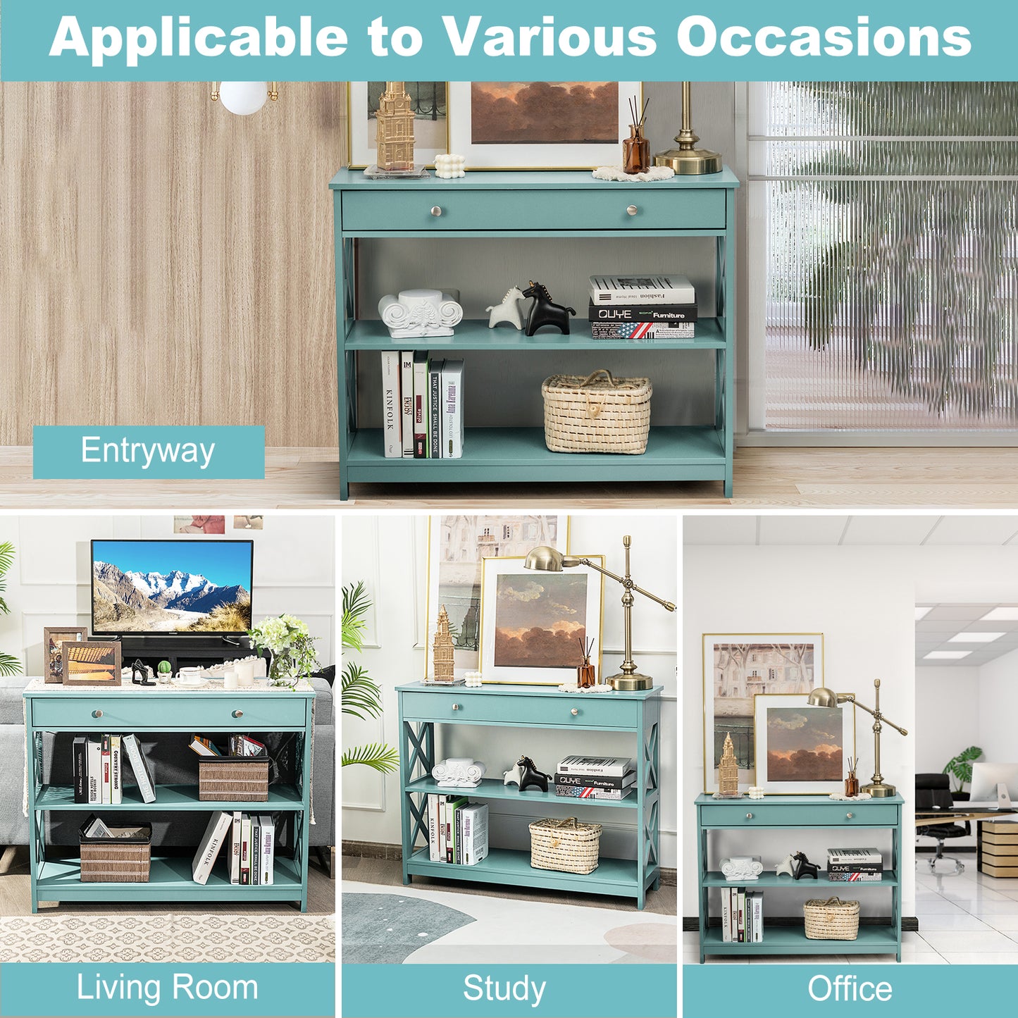 Console Table 3-Tier with Drawer and Storage Shelves-Turquoise