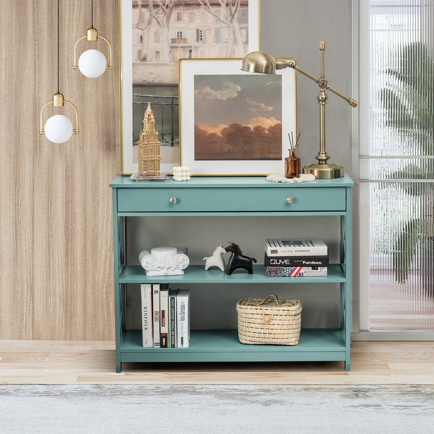 Console Table 3-Tier with Drawer and Storage Shelves-Turquoise