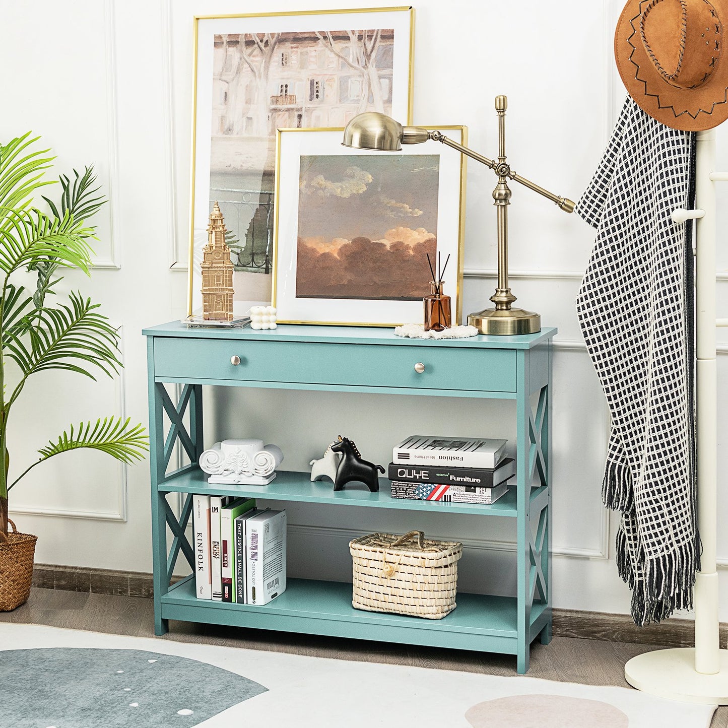 Console Table 3-Tier with Drawer and Storage Shelves-Turquoise