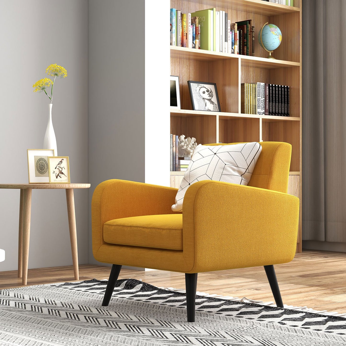 Modern Upholstered Comfy Accent Chair Single Sofa with Rubber Wood Legs-Gray