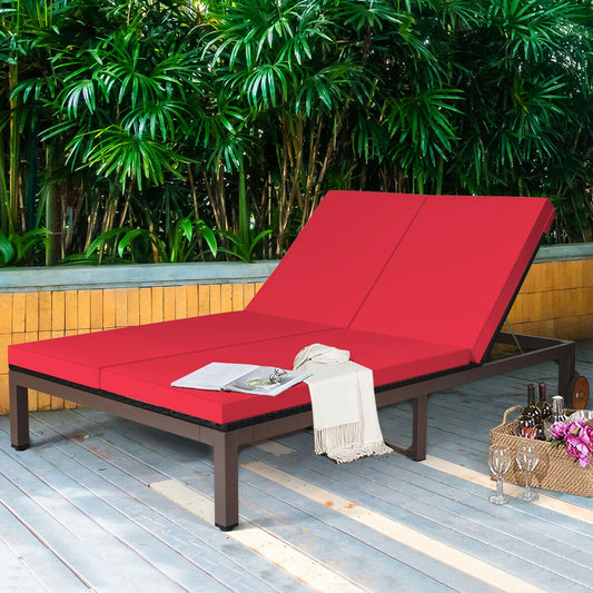 2-Person Patio Rattan Lounge Chair with Adjustable Backrest-Red