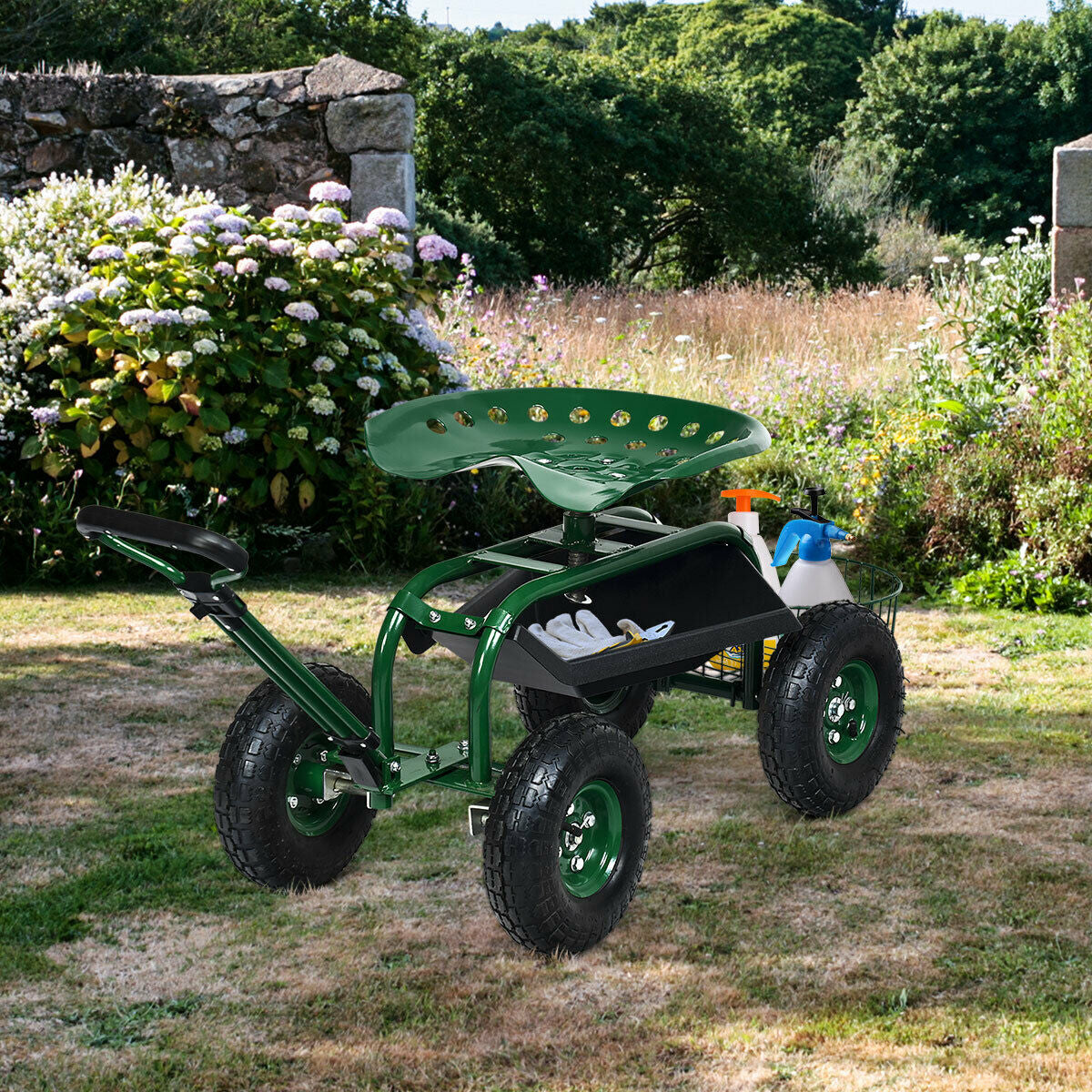 Heavy Duty Garden Cart with Tool Tray and 360 Swivel Seat-Blue