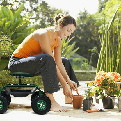 Heavy Duty Garden Cart with Tool Tray and 360 Swivel Seat-Blue