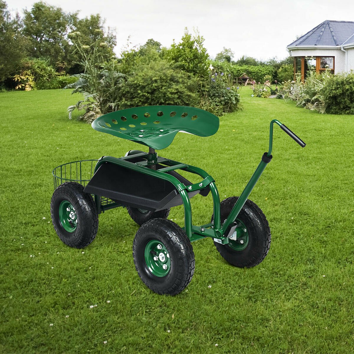 Extendable Handle Garden Cart Rolling Wagon Scooter-Blue