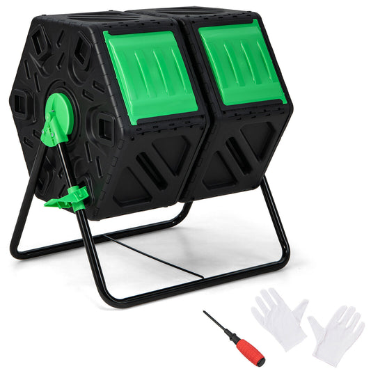Black and green dual chamber garden compost tumbler with sliding doors, outdoor garden tool for composting.