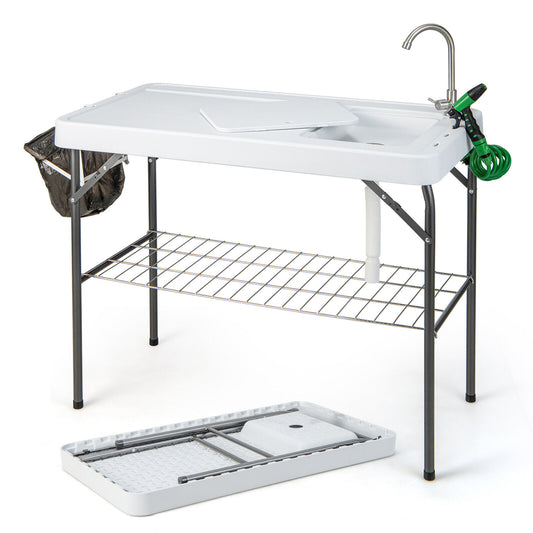 Portable camping fish cleaning table with grid rack and faucet, outdoor camping furniture by Wilsons Home Store