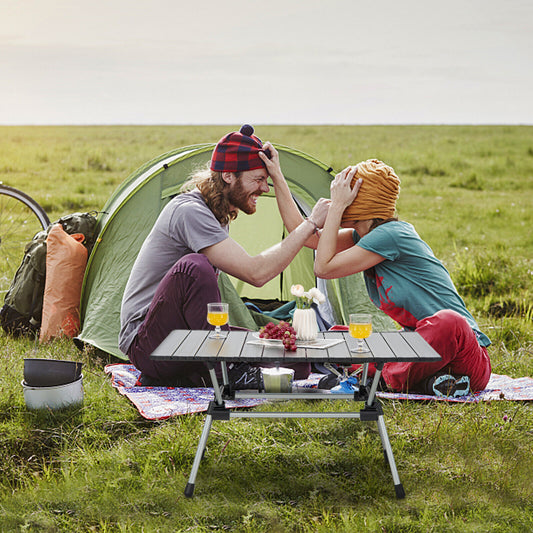 Folding Heavy-Duty Aluminum Camping Table with Carrying Bag-Silver