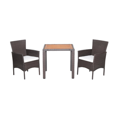 3 Pieces Patio Wicker Furniture Set wih Acacia Wood Table Top and Chair Cushiones