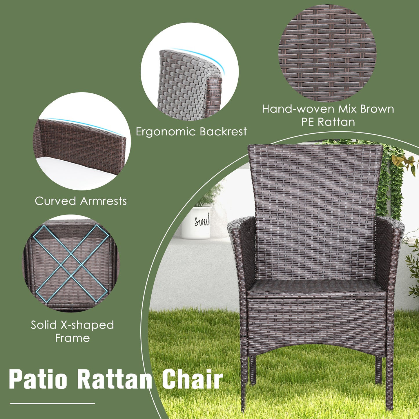 3 Pieces Patio Wicker Furniture Set wih Acacia Wood Table Top and Chair Cushiones